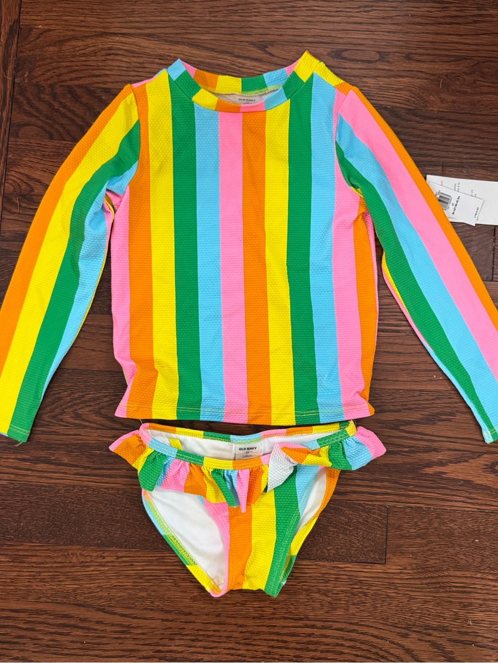 NWT Old Navy Girls' Rainbow Stripe Long-Sleeve Rash Guard Swim Set - Multicolor